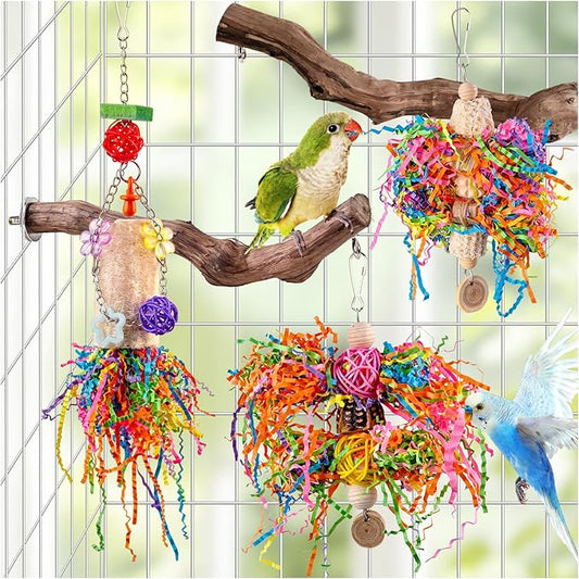 Bird Toys, Parakeet Foraging Toys, Hanging Chewing Toys with Natural Wooden Perches, Bird Cage Accessories, Suitable for Parakeets, Cockatiels, Budgies, Lovebirds & More