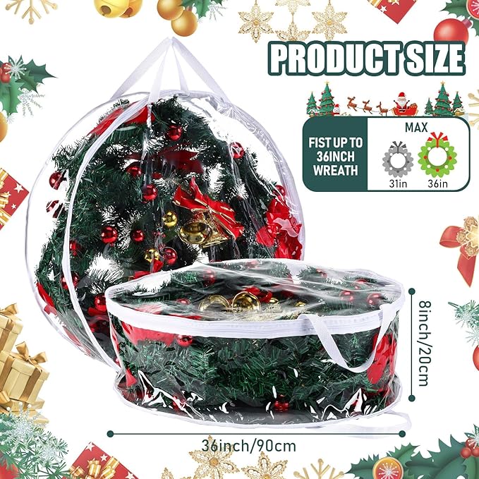 Shappy 10 Pcs 36 Inch Christmas Wreath Storage Container Clear Wreath Storage Bags PVC Waterproof Garland Bags with Clear Window Dual Zippers and Handles for Xmas Holiday Artificial Garland (White)