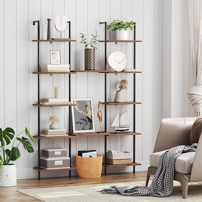 HOOBRO DIY Ladder Shelf, 6-Tier Wooden Wall Mounted Bookshelf, Narrow Bookcase
