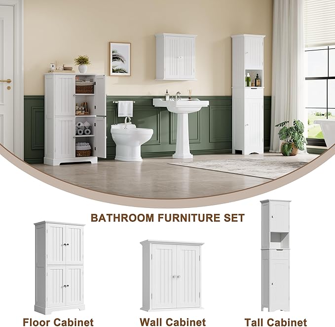 ChooChoo Bathroom Floor Cabinet, Modern Bathroom Storage Cabinet with 4 Doors and Adjustable Shelves, Freestanding Cupboard for Living Room, White