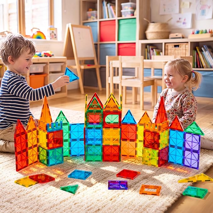 FNJO Magnetic Tiles, 64 PCS Magnetic Building Blocks, Magnets Building Set, STEM Toys for Kids Boys and Girls Creative and Inspirational
