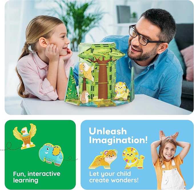 PicassoTiles Magnet Tile Building Block Safari Themed Set with 8 Compatible Magnetized Animal Action Figures Build Blocks Toddler Creativity Toys STEAM Educational Learning Skills Ages 3+ PTQ12