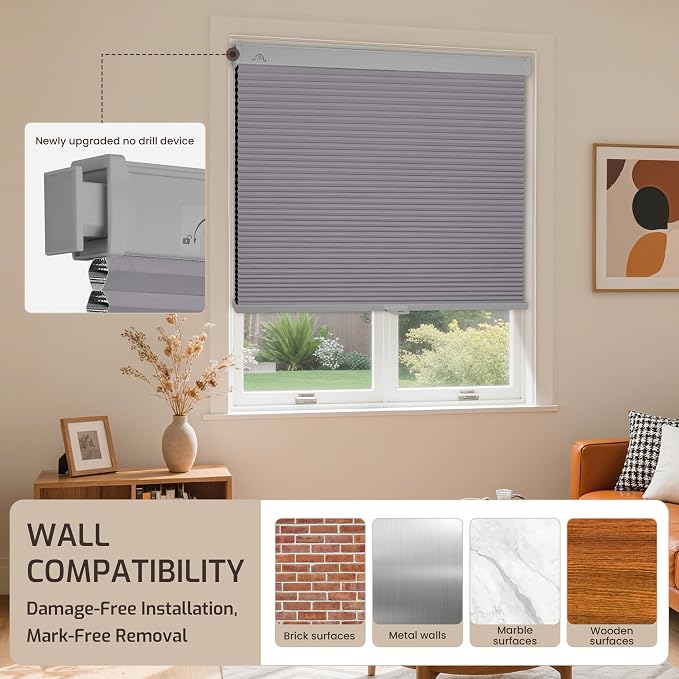 Grandekor No Drill No Tools Cordless Cellular Shades, UV Protection Privacy No