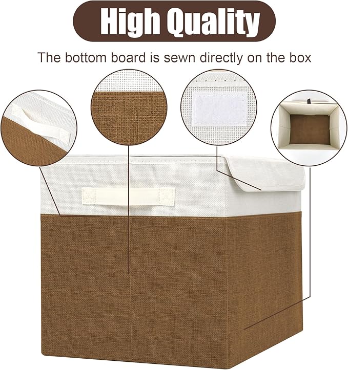 Large 17" 42 Quarts Collapsible Stackable Storage Bins with Lids [3-Pack] Foldable Fabric Linen Storage Boxes Cube, Closet Organizer Baskets with Label for Home (16.7 x 12 x 12", Brown & White)