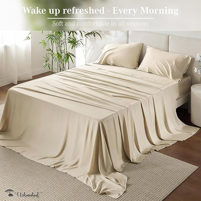 URBANHUT 700 Thread Count Queen Sheet Set Egyptian Cotton Sheets, 4Pc Sheet Set Soft Luxury Bed Sheets for Queen Size Bed, Sateen Weave Hotel Sheets, 16'' Elasticized Deep Pocket - Ivory