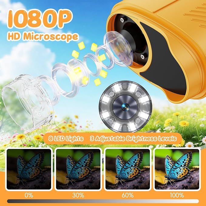 1000X Handheld Digital Microscope for Kids (Yellow) | 4K HD 2.4" Screen, 200–1000X Magnification, Portable Kids Microscope, Educational STEM Toy, Gifts for Boys and Girls Age 5–12