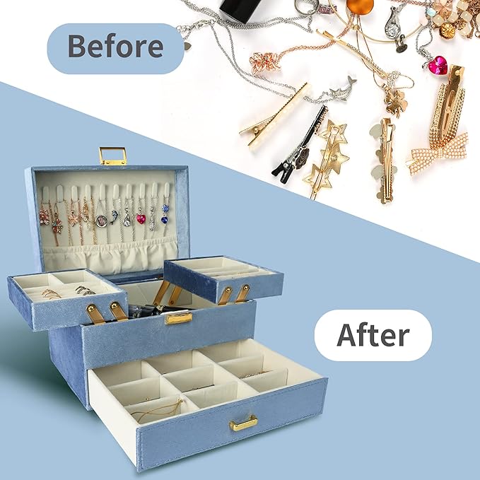 Dajasan Velvet Jewelry Boxes for Women Girls, Jewelry Organizer Box, Jewelry Storage Organizer for Rings Necklaces Bracelets Watch Earring (Blue)