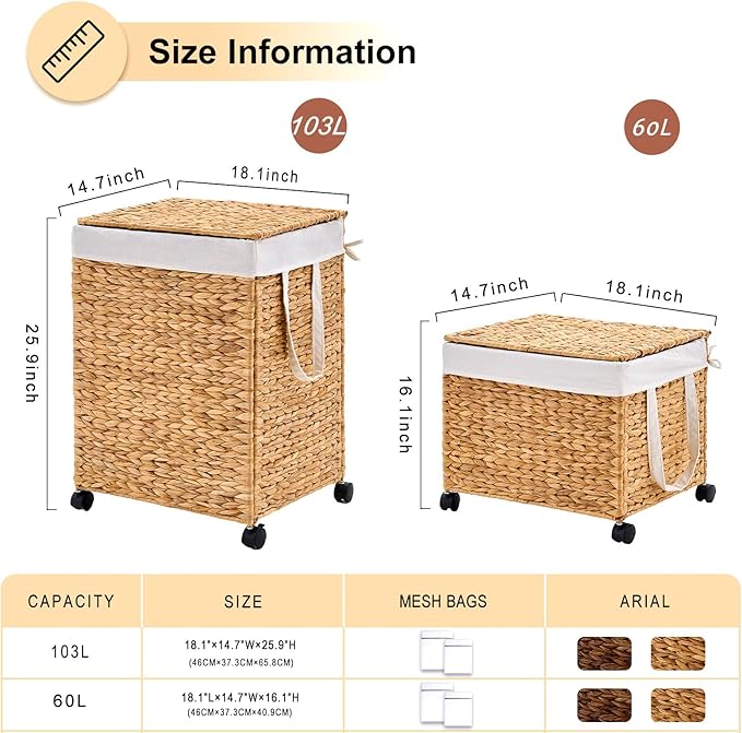 Laundry Hamper with Lid, Large Capacity Woven Natural Water Hyacinth Laundry Sorter with Removable Liners, Rolling or Non-Slip Design for Bedroom (Natural, 100L)