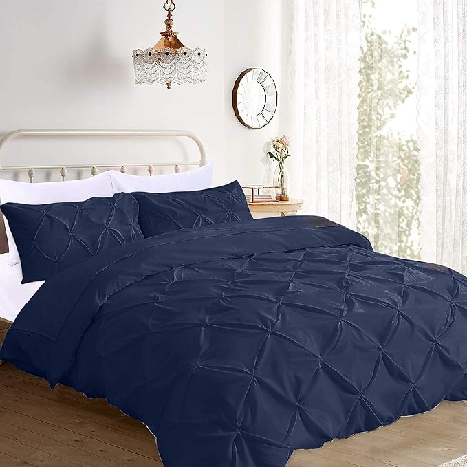 Pinch Pleated Duvet Cover Set 100% Brushed Microfiber 3PC Calking Size 98x104 Duvet Cover Set, Decorative Pinch Design Navy Blue Duvet Cover with Matching Pillow Case