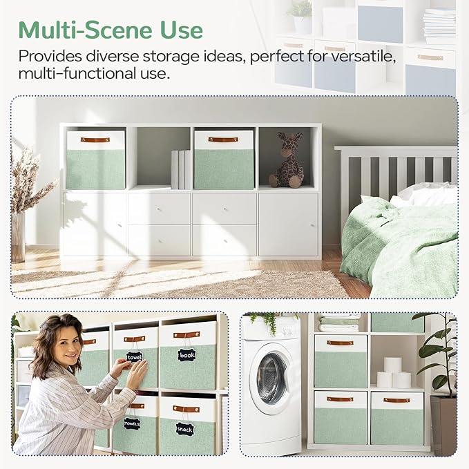 13x13 Storage Cubes 4-Pack, Large Foldable Fabric Cube Storage Bin with Reinforced Bottom and Labels, Organizer Baskets for Shelves, Closets(White/Green)