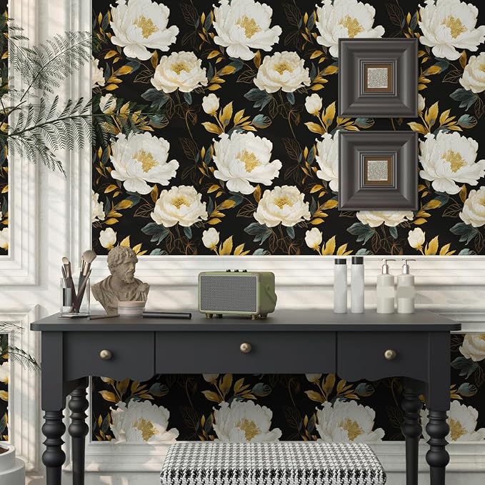 Extra Long Dark Floral Peel and Stick Wallpaper, 17.5In x 393In Vintage Big
