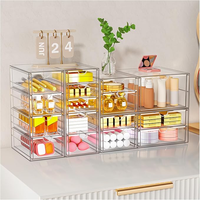 Clear Stackable Storage Drawers, Acrylic Makeup Organizer with 7 Drawers, Bathroom Organizers and Storage, Plastic Bins for For Vanity, Undersink, Kitchen Cabinets, Pantry