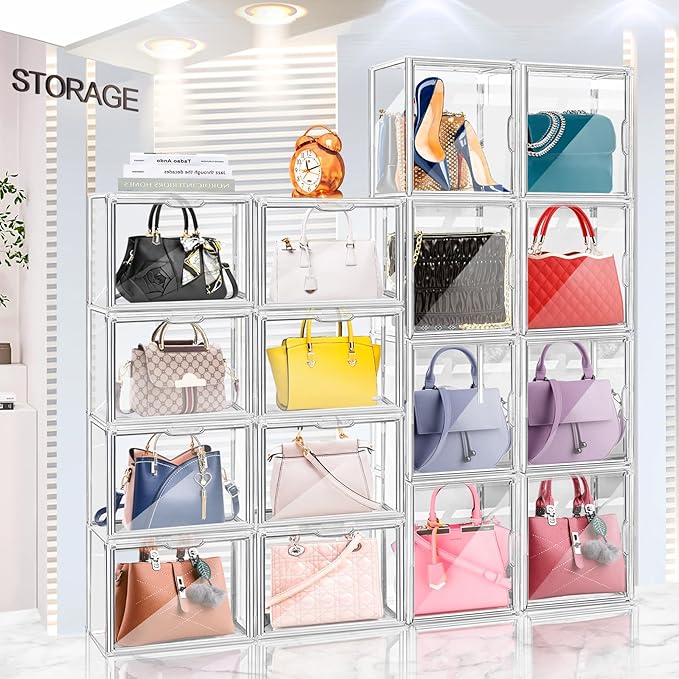DILIBRA Set of 4 Plastic Purse Storage Organizer for Closet, Acrylic Display Case for Purse and Handbag, Stackable Storage Boxes Organizer with Magnetic Door for Clutch Wallet Book Toys