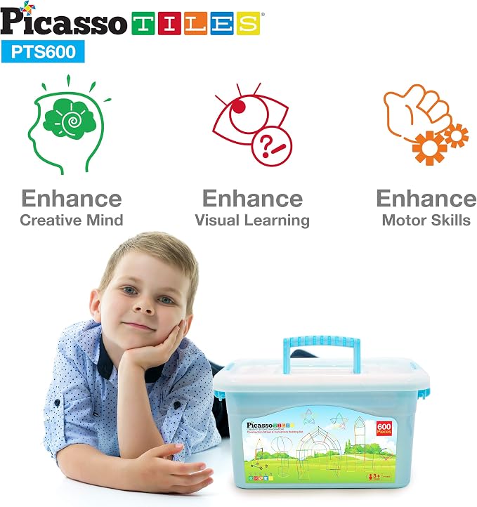 PicassoTiles 600pc Construction Toy Straw Building Set Children STEM Learning Interlocking Building Toys Creative Straw Connecting Builder Kits Early Education Kit for Kids Boys & Girls Ages 3+ PTS600