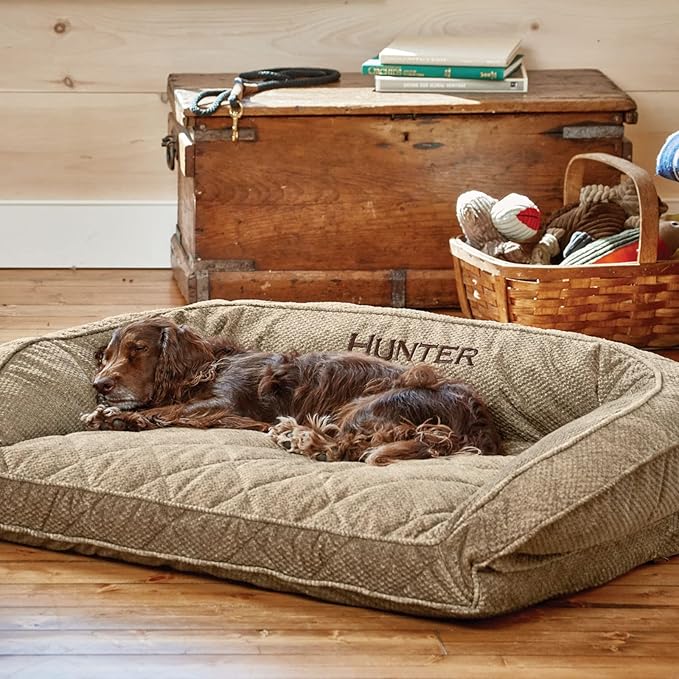 Orvis ComfortFill-Eco Bolster Dog Bed - Plush Rectangular Dog Beds with Three-Sided Bolster for Leaning, Brown Tweed - L