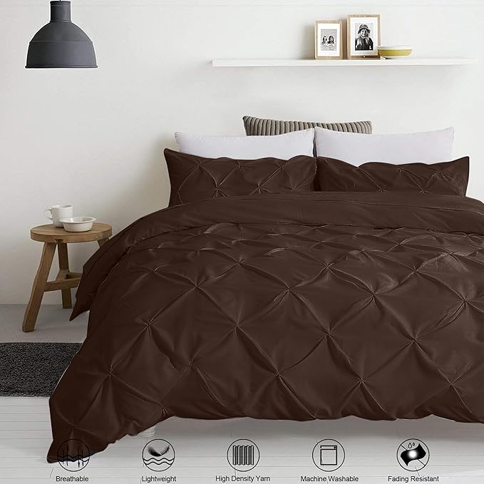 Pinch Pleated Duvet Cover Set 100% Cotton 3PC King Size 94x104 Duvet Cover Set, Decorative Pinch Design Brown Duvet Cover with Matching Pillow Case