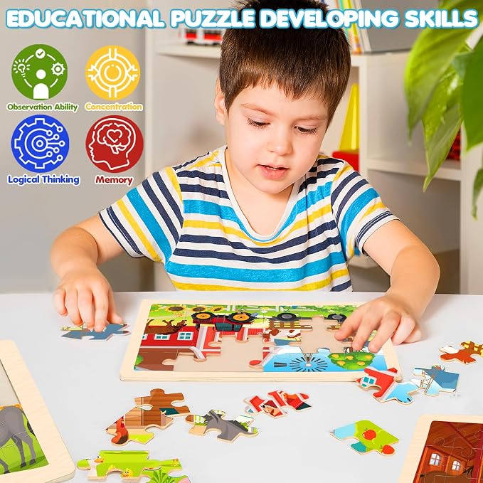 4-Pack Wooden Puzzles for Kids Ages 3-5, 24-Piece Farm Animal Set | Toddler Puzzles Ages 3-5, Preschool Puzzles with Wooden Jigsaw Boards for Fine Motor Skills, Shape Recognition and Travel