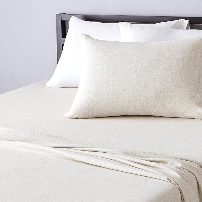 Amazon Basics 3 Piece Bed Sheet Set, 100% Cotton Jersey, Includes Super Soft, Flat and Fitted Sheets, Pillowcase, Twin, Oatmeal, Solid