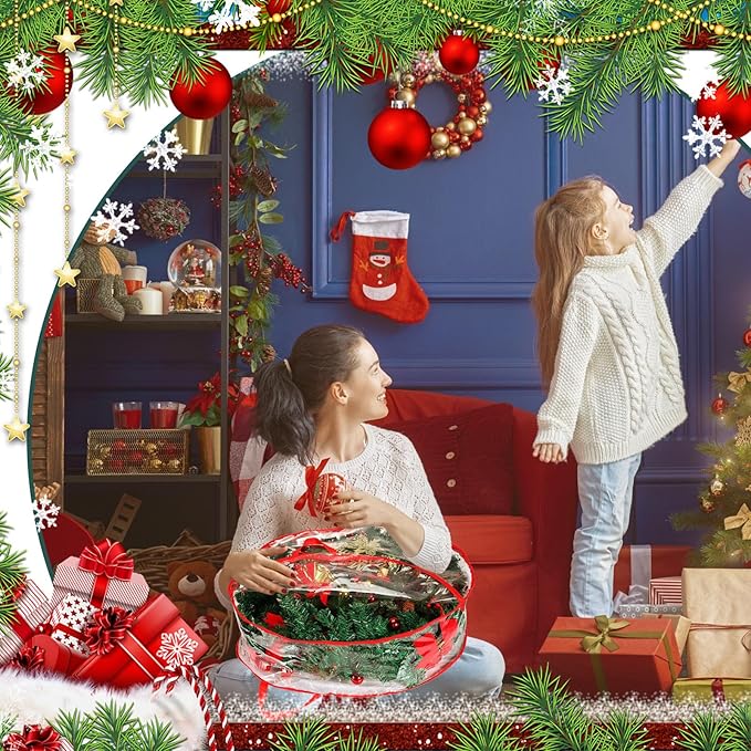 Shappy 6 Pcs 36 Inch Christmas Wreath Storage Container Clear Wreath Storage Bags PVC Waterproof Garland Bags with Clear Window Dual Zippers and Handles for Xmas Holiday Artificial Garland (Red)