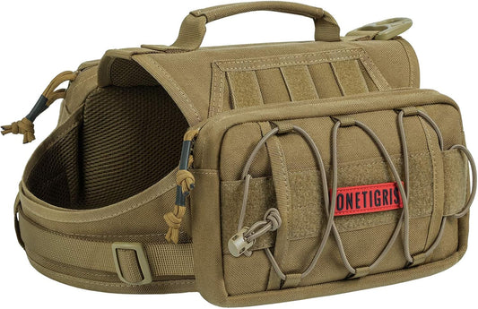 OneTigris Dog Backpack for Medium & Large Dogs, Nylon Backpack for Dogs Tactical Pet Backpack with Side Pockets for Hiking Walking Training Running (Brown, Medium)