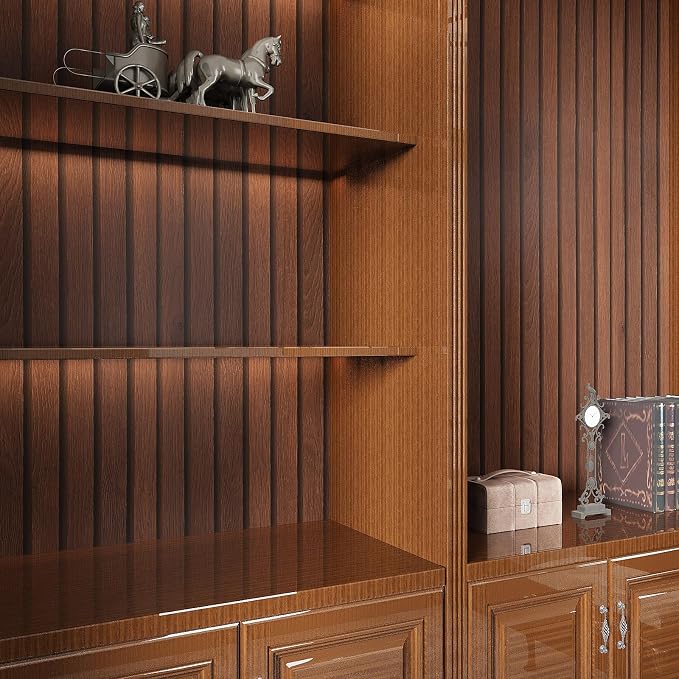 VEELIKE Walnut Wooden Slat Wallpaper Peel and Stick Waterproof Dark Wood