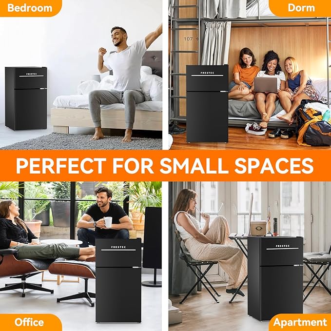 Frestec Mini Fridge with Freezer 3.2 Cu.Ft. 2 Door Refrigerator and Freezer Small Fridge for Bedroom Home Office Dorm, Small Drink Chiller, 37 dB Low Noise, Black