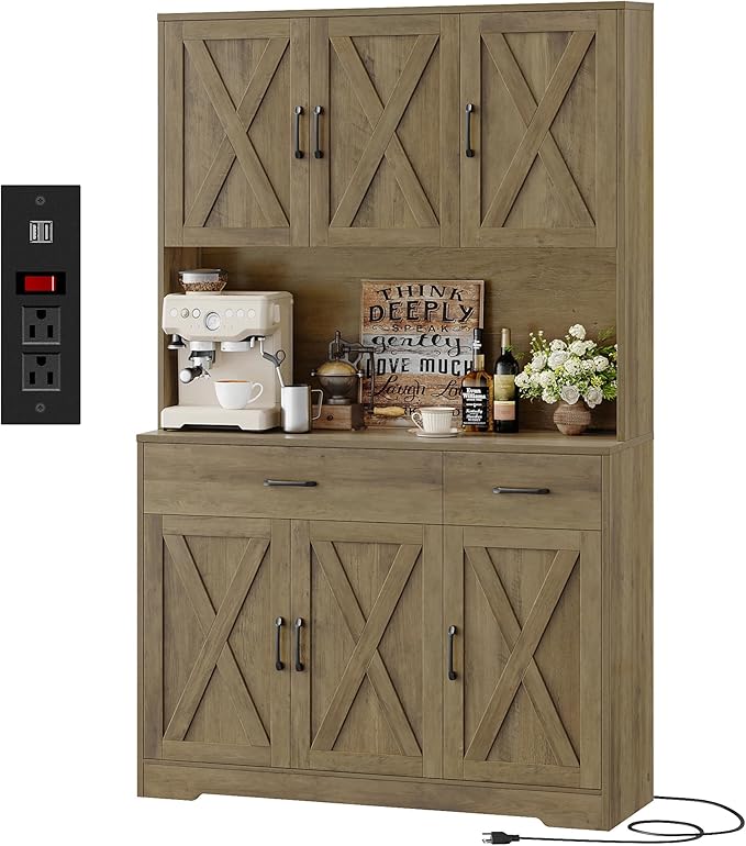 HOSTACK 71" Pantry Cabinet with Charging Station, Tall Kitchen Pantry Storage Cabinet with Microwave Stand, Farmhouse Kitchen Hutch with Storage Drawers for Living Room, Dining Room, Rustic Brown