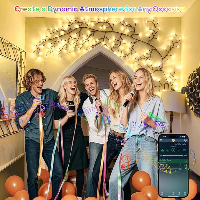 GOESWELL Smart Vine Light for Room Decor: 7.5ft 144 LEDs Music Timer Dimmable
