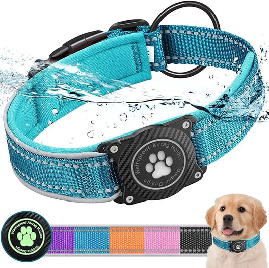 Airtag Dog Collar with Waterproof Air Tag Holder, Luminous Reflective, Soft Padded, Adjustable Nylon Pet Collar for Small Medium Large Heavy Duty Dogs,Blue, L
