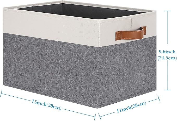 Large Fabric Storage Bins, Foldable Fabric Storage Baskets for Shelves, Sturdy Storage Boxes with PU Handles for Organizing Closet Home Bedroom Office (26L, 3 Packs, Grey&White)