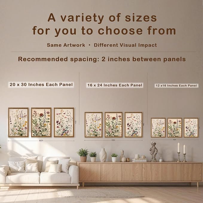 WRFON Botanical and Flower Canvas Wall Art, Framed Wildflower Wall Art Set of 3