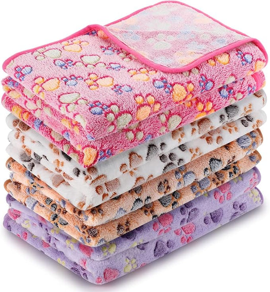 Tatuo 4 Pcs Dog Blanket for Pet Cat Blankets Indoor Puppy Teething Stuff Toys Paw Print Fleece Soft Blanket Sleep Mat for Guinea Pig Cage(White, Coffee, Pink, Purple,XXXX-Large(72 x 72 Inch),Square)