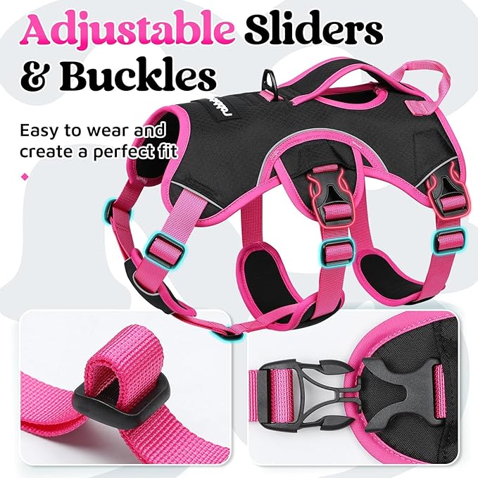 rabbitgoo Escape Proof Dog Harness Medium, Soft Padded Full Body Pet Harness, Reflective Adjustable No Pull Vest with Lift Handle and Leash Clip for Walking Hiking Training, Pink & Black, M
