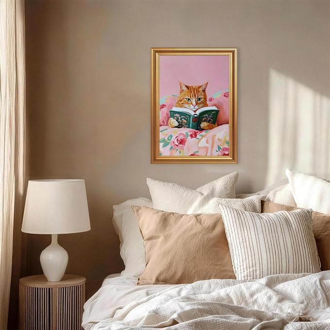 Fantasy Artists Gold Framed Wall Art Prints, Cute Orange Cat Reading a Green