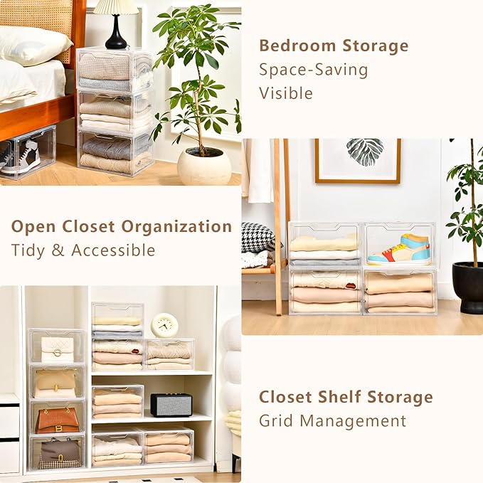 Closet Organizers and Storage, Acrylic Clear Plastic Storage Bins with Magnetic Door, 8 Pack Storage Containers for Clothes Home Organization Purse Bag Cabinet Display Closet Organizer System