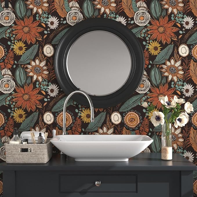 Laatse Rustic Boho Wallpaper Peel and Stick, Vintage Dark Brown Floral Contact