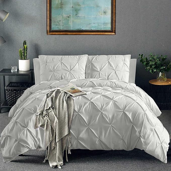 Pinch Pleated Duvet Cover Set 100% Cotton 3PC Super King Size 98x108 Duvet Cover Set, Decorative Pinch Design Silver Grey Duvet Cover with Matching Pillow Case