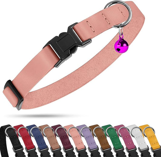 Breakaway Cat Collar with Bell - Leather Adjustable Kitten Collars with Safety Quick Release Buckle - Soft Small Pet Collars for Girl & Boy Cats (Rose)