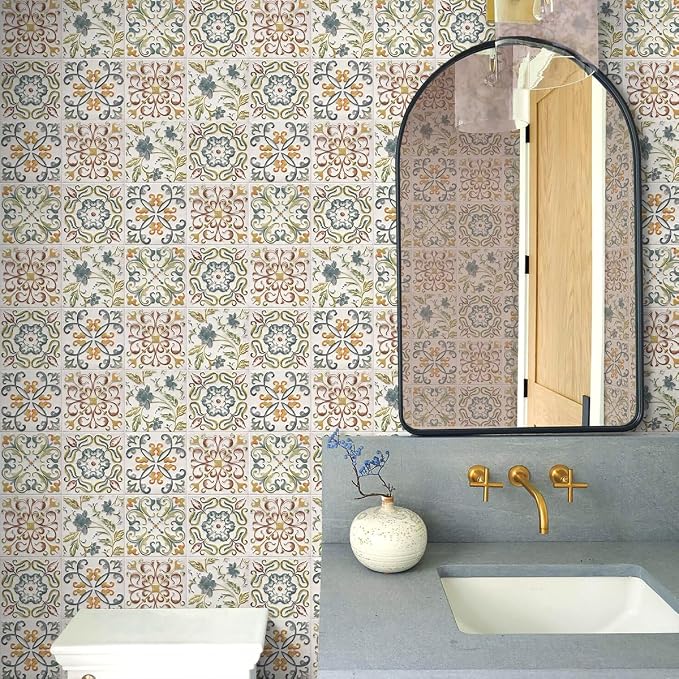 Wudnaye Bohemian Wallpaper Peel and Stick Faux Tile Contact Paper 17”×196” Tile