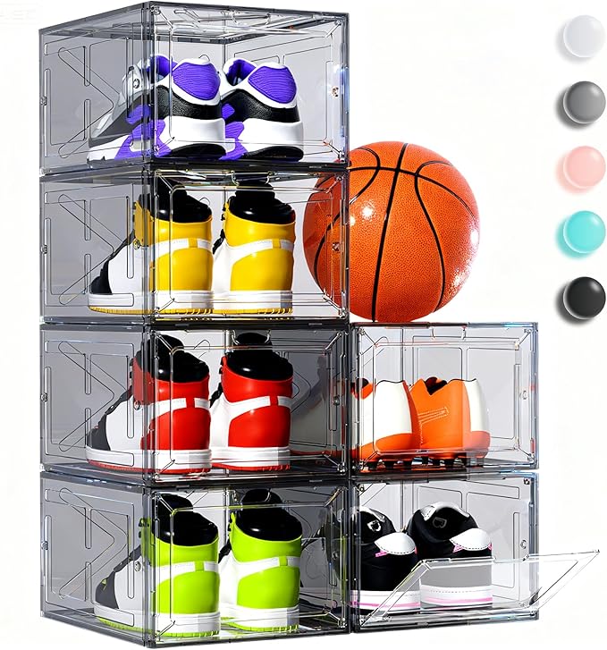 6 Pack Large Drop-Front Black Transparent Shoe Boxes, Stackable Sneaker Storage Container for Closet, Fits US Size 13+, Magnetic Front Door, Heavy-Duty Reinforced Plastic Shoe Organizer