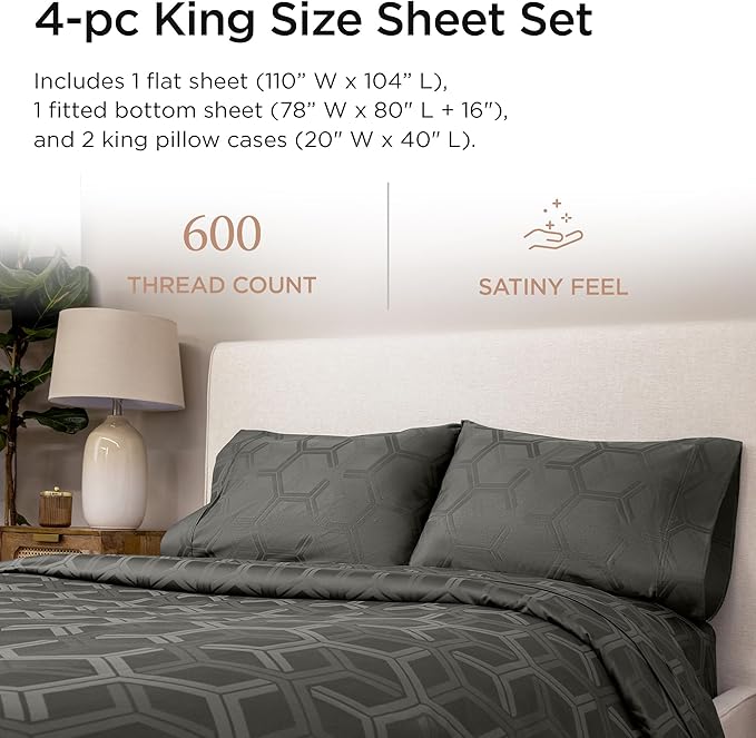 Threadmill 100% Cotton Sheets for King Size Bed - 600 Thread Count King Bed Sheets Set with 16” Deep Pocket - Jacquard Sateen Weave 4-Piece Bedding Set with Cooling Effect, Dark Grey