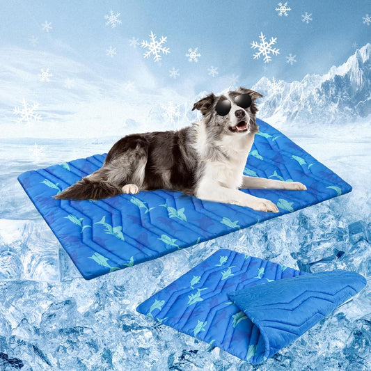 BEAUTYZOO Dog Cooling Mat- Upgraded Thicken Cooling Mat for Large Dogs Reversible(Cool & Warm) Pet Ice Cool Bed Washable & Portable, Summer Crate Pad for Big Dog Puppy Up to 80 lbs, Shark Blue 48X28IN