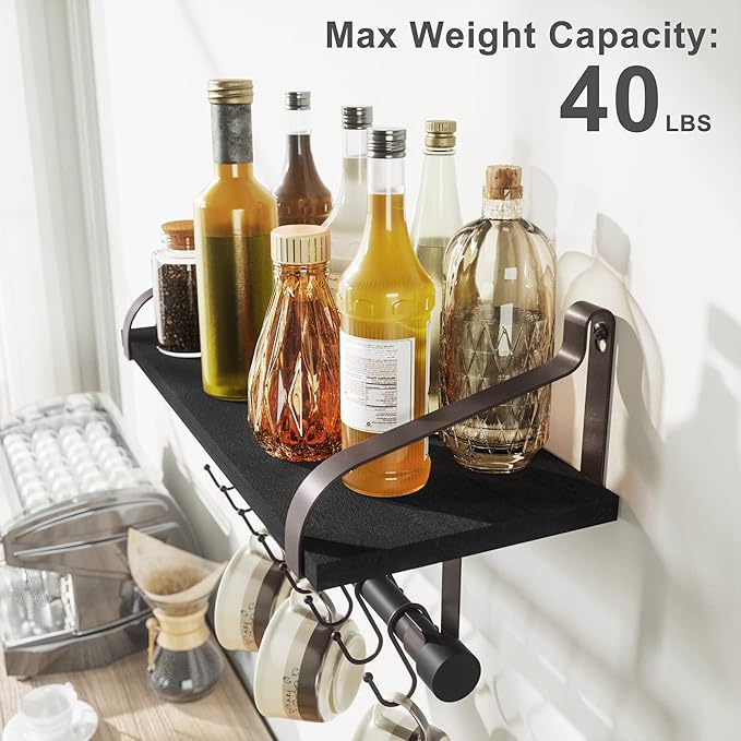 Love-KANKEI Floating Shelf Wall Shelf for Storage Rustic Wood Kitchen Spice Rack with Towel Bar and 8 Removable Hooks for Organize Cooking Utensils or Mugs Black/Brown Brackets