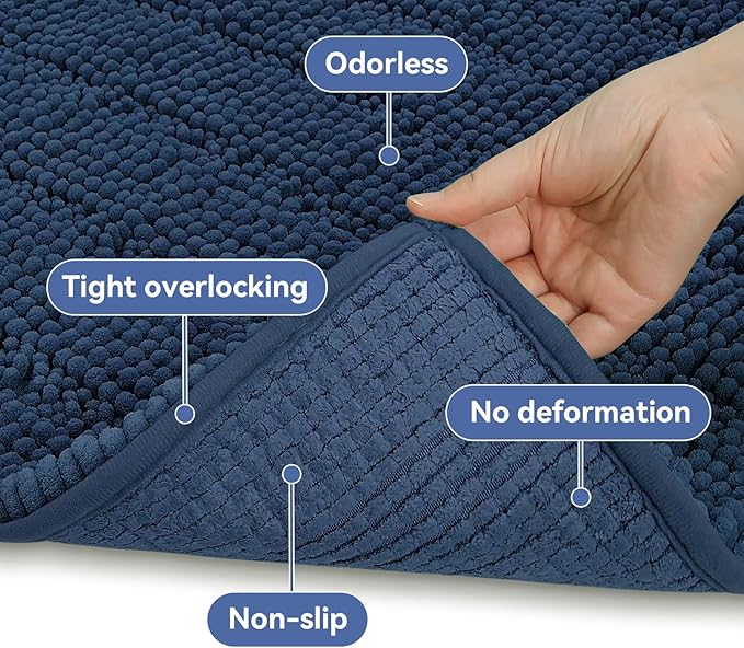 Bcoimo 36"×24" Chenille Bath Mat – Non-Slip with Backing Bath Rug Ultra-Absorbent and Machine Washable Bathroom Mat Quick-Dry Design. Ideal for Bathroom and Tub Areas