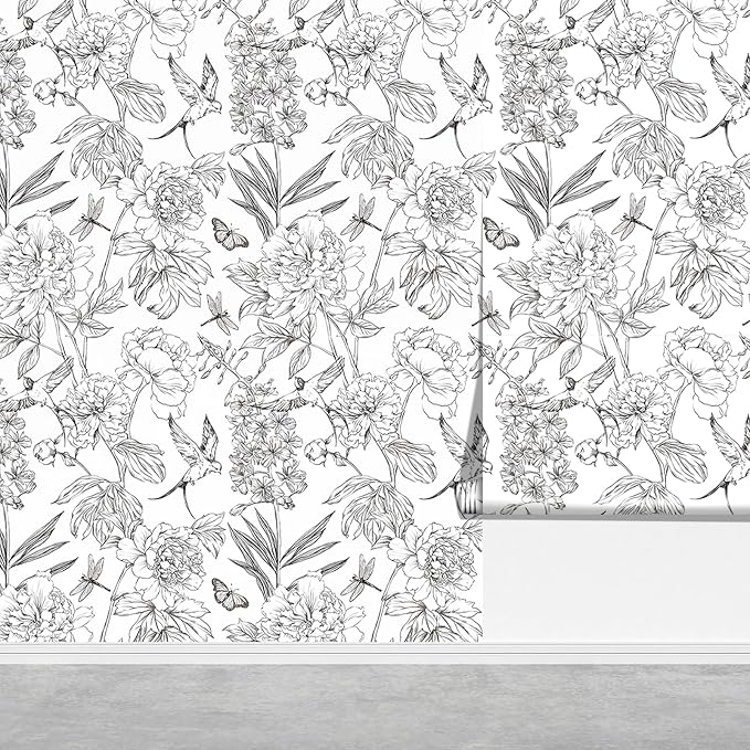 Jiffdiff White and Black Wallpaper Peel and Stick Sketched Peony Floral