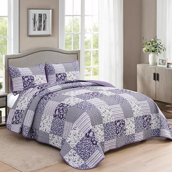 Mybedsoul Purple Quilt Set California King Size, 3 Pieces Boho Plaid Floral Bedspread Set Microfiber Lightweight Bohemian Bedding Bedspread Coverlet Set for All Season 106"x 96"