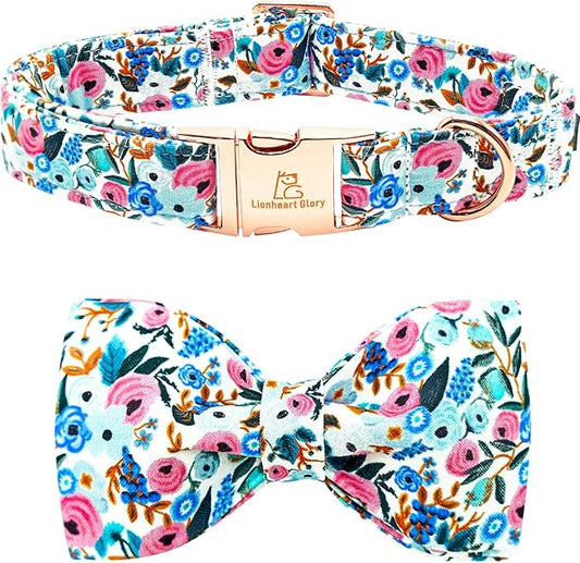 Lionheart glory Dog Collar Bow Collar Floral Dog Collar with Bow Tie Spring Summer Cute Collar Dog Boy or Girl Dog Collars Soft Durable Adjustable Dog Collars for Small Dogs
