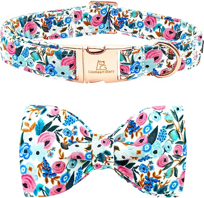 Lionheart glory Dog Collar Bow Collar Floral Dog Collar with Bow Tie Spring Summer Cute Collar Dog Boy or Girl Dog Collars Soft Durable Adjustable Dog Collars for Large Dogs