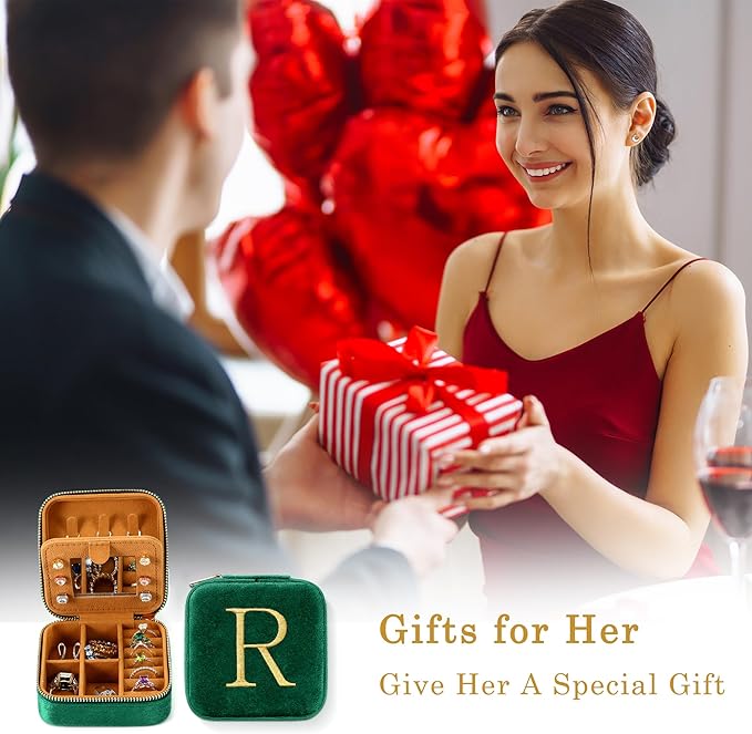 Parima Retirement Gifts for Women - Retirement Gifts for Women 2026, Happy Retirement Party Gifts, Plush Velvet Emerald-Green Travel Jewelry Case Jewelry Box - Letter R, Green
