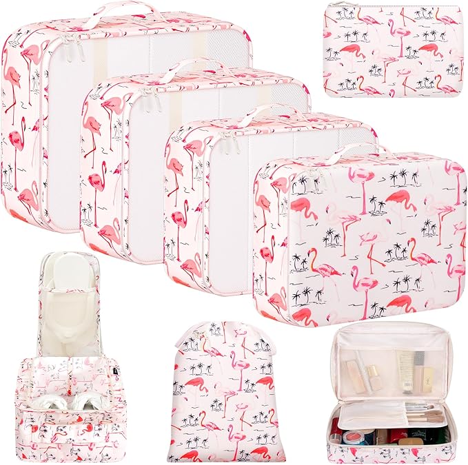 BAGAIL 8 Set Packing Cubes Luggage Packing Organizer Bags for Travel Accessories-Pink Flamingo